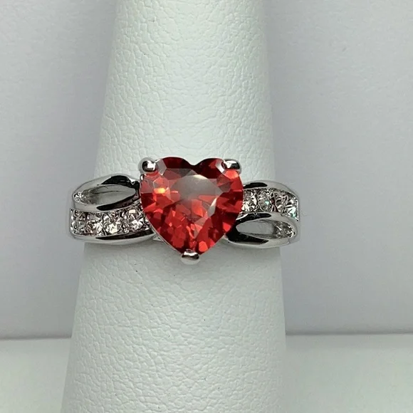 Red CZ Heart Ring With Clear Accent Stones, Silver Color, Size 7, Love - Picture 6 of 6